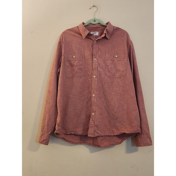 Old Navy Men's XL Red Regular Fit‎ Chambray Cotton Long Sleeve Burron-Up Shirt - Picture 1 of 9